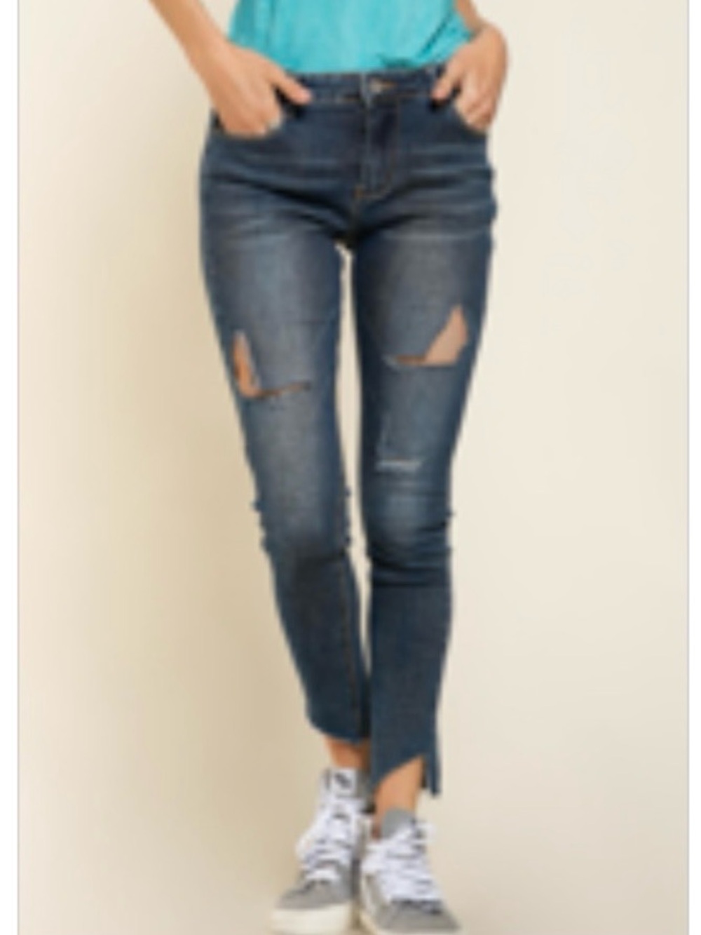POL Distressed Dark Blue Skinny Jeggings with Front Slits